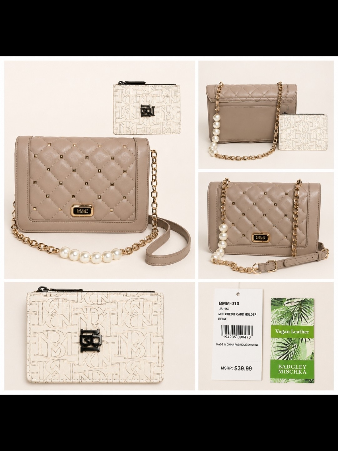 Badgley Mischka Taupe Quilted Chain Crossbody With Pearl Detail, Nwt Card Holder